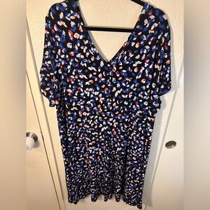 Roaman's Black Dress with Blue, White & Red Abstract Spot Print. Size 3X.